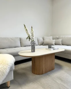 Bobby - Oval sofabord med lys beige stenbordplade og fod i eg 120x55x45 cm