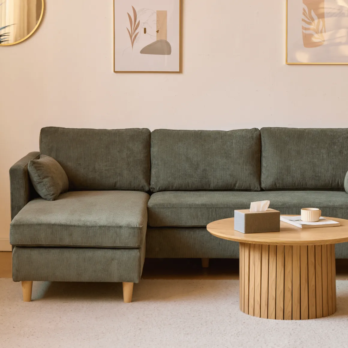 Ellis - Højrevendt og venstrevendt vendbar chaiselong sofa grøn fløjl - L: 215 x D: 82 x H: 78 cm
