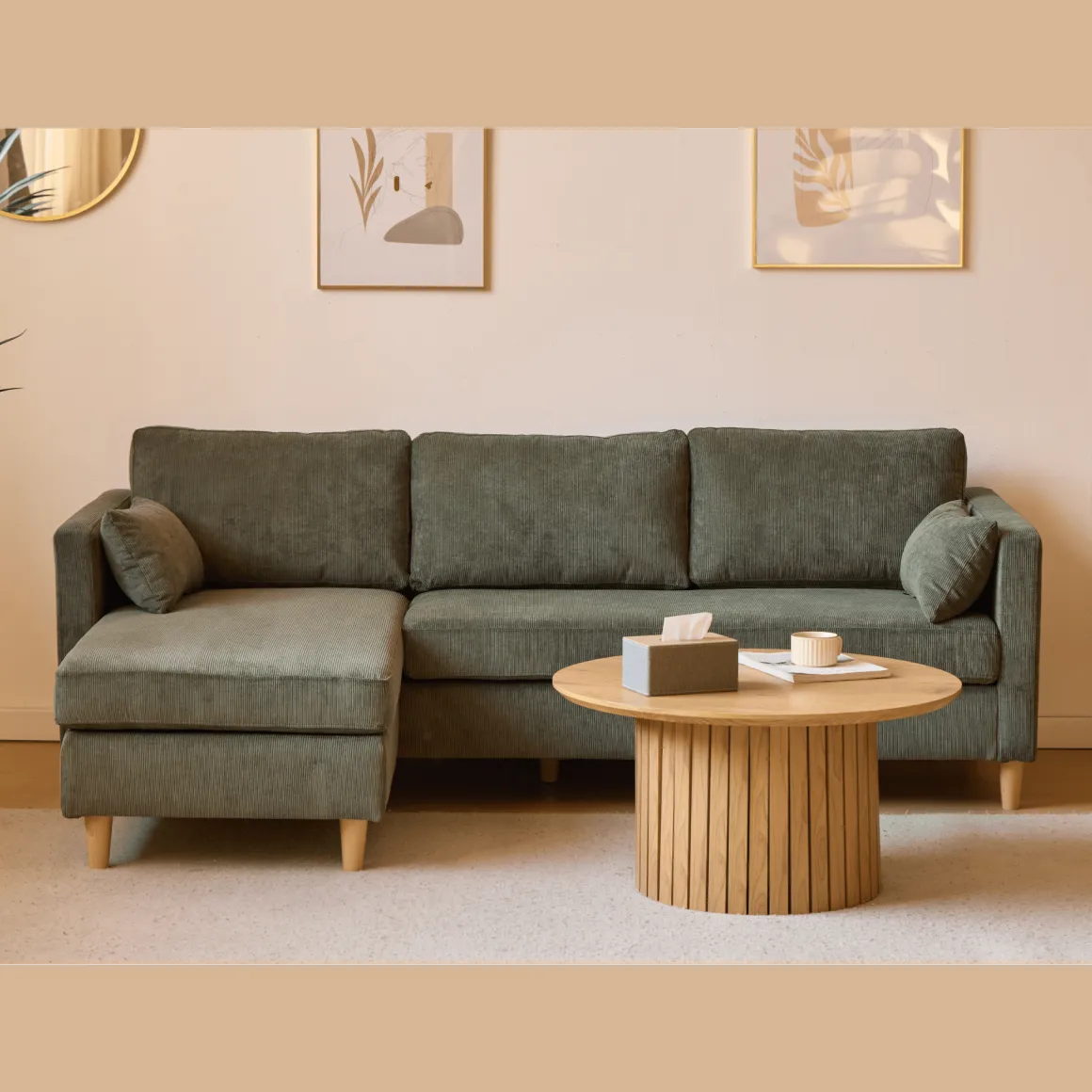 Ellis - Højrevendt og venstrevendt vendbar chaiselong sofa grøn fløjl - L: 215 x D: 82 x H: 78 cm
