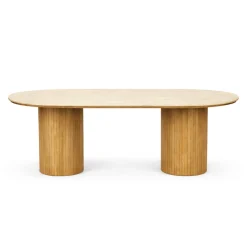 Enzo ovalt spisebord med stenbordplade i beige og lamelfod i eg 220x100x76 cm