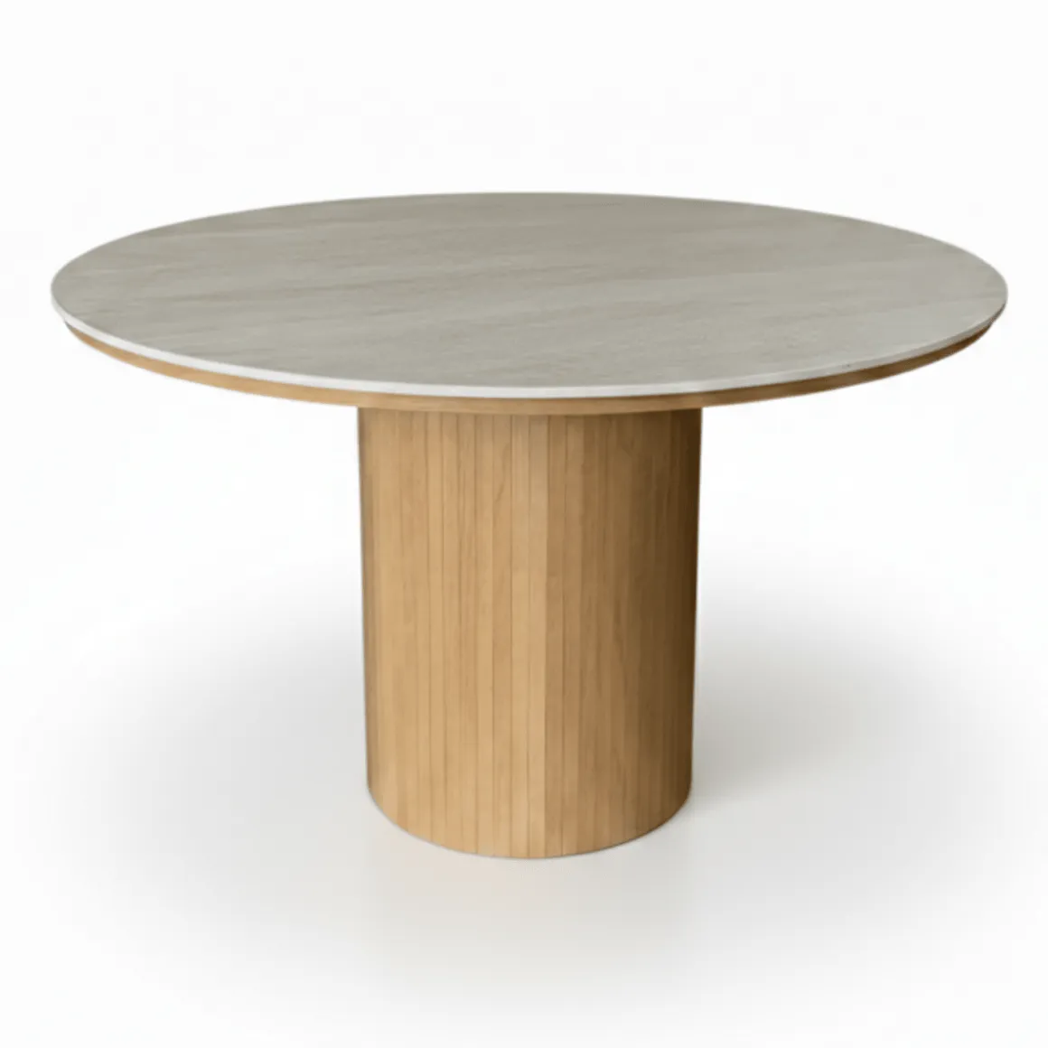 Enzo rundt spisebord med bordplade i beige sten og lamelfod i egetræ Ø120 cm