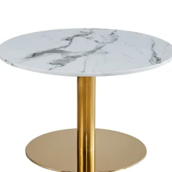 Lazio rundt sofabord i hvid marmor look med guld/messing ben Ø70 cm
