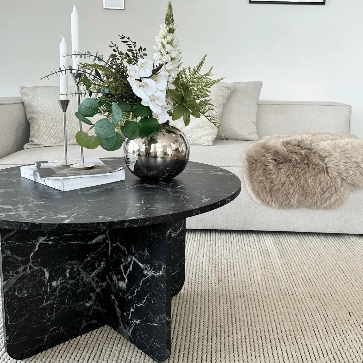 Mercy sofabord sort marmor look Ø80 cm