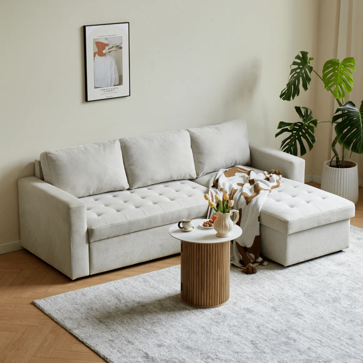 Sinus beige sovesofa med vendbar chaiselong og opbevaring
